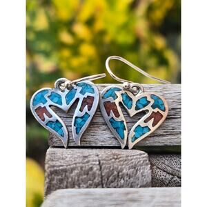 Vintage Sterling Silver Turquoise & Red Coral Inlay Heart Shaped Dangle Earrings